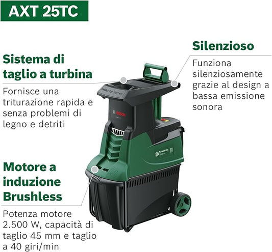 Bosch Biotrituratore a turbina AXT 25 TC (2500 W; idoneo per legno e residui resistenti; con guanti da giardinaggio inclusi; cesto di raccolta integrato da 53 l)– Amazon Edition