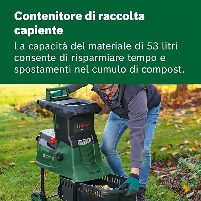Bosch Biotrituratore a turbina AXT 25 TC (2500 W; idoneo per legno e residui resistenti; con guanti da giardinaggio inclusi; cesto di raccolta integrato da 53 l)– Amazon Edition