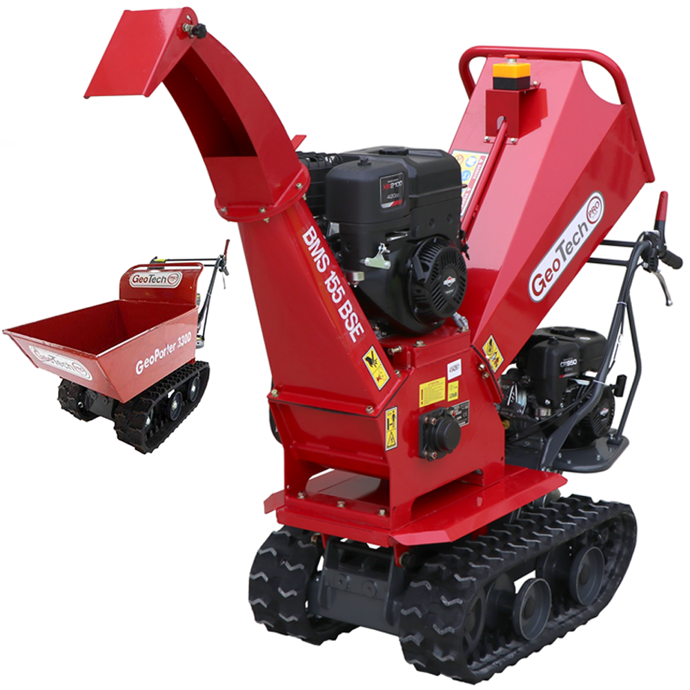 GeoTech-Pro BMS155 BSE - Biotrituratore semovente a cingoli su motocarriola GeoPorter 330E BS - Motore B&S XR2100