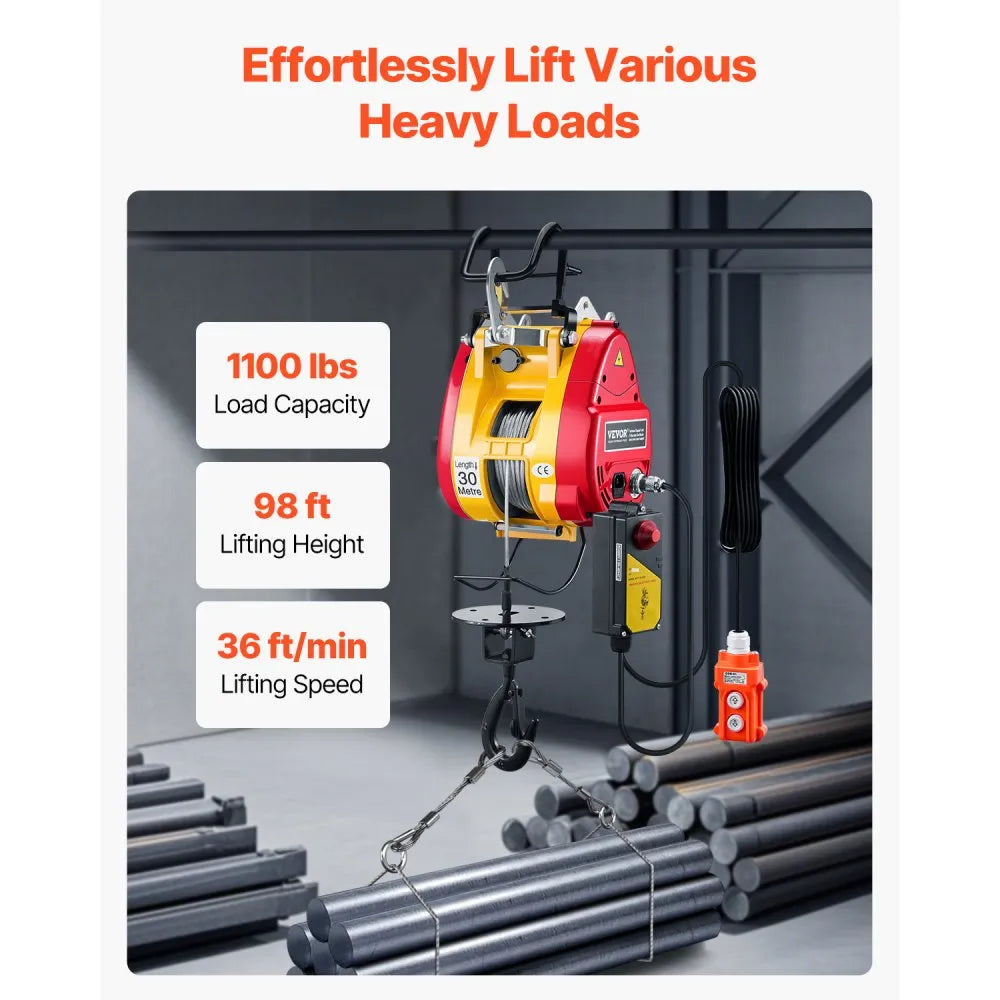 Paranco elettrico VEVOR 2 in 1,500 kg,verricello portatile 1500 W,altezza 30 m,velocità 11 mmin,telecomando,garage,magazzino