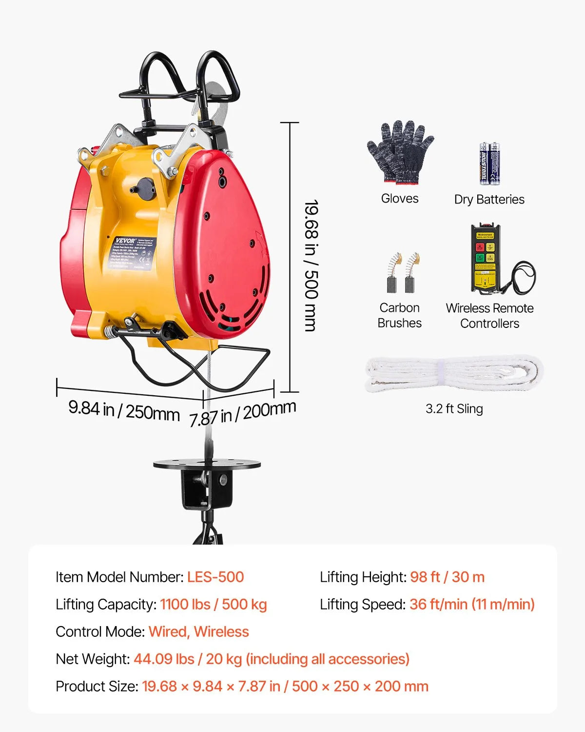 Paranco elettrico VEVOR 2 in 1,500 kg,verricello portatile 1500 W,altezza 30 m,velocità 11 mmin,telecomando,garage,magazzino